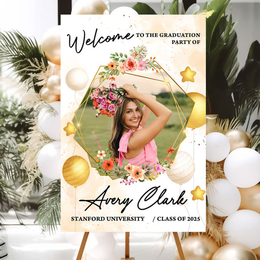 Personalized Photo Graduation Party Welcome Sign - Class of 2025 - Modern Wildflower Graduation Welcome