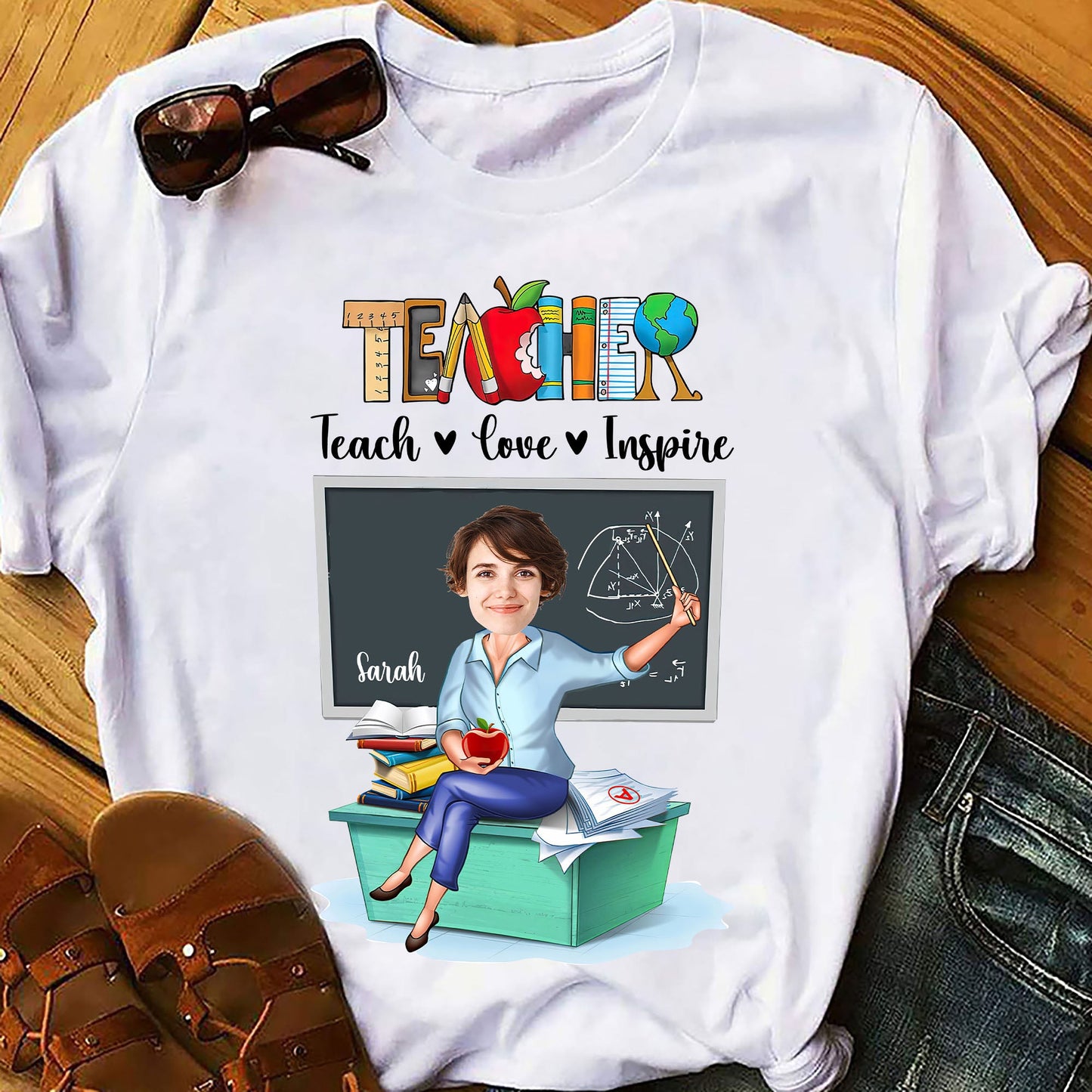 Personalisiertes Foto Lehrer Teach Love Inspire T-Shirt, Lustiges Geschenk für Lehrer