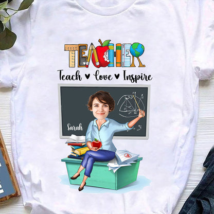 Personalisiertes Foto Lehrer Teach Love Inspire T-Shirt, Lustiges Geschenk für Lehrer