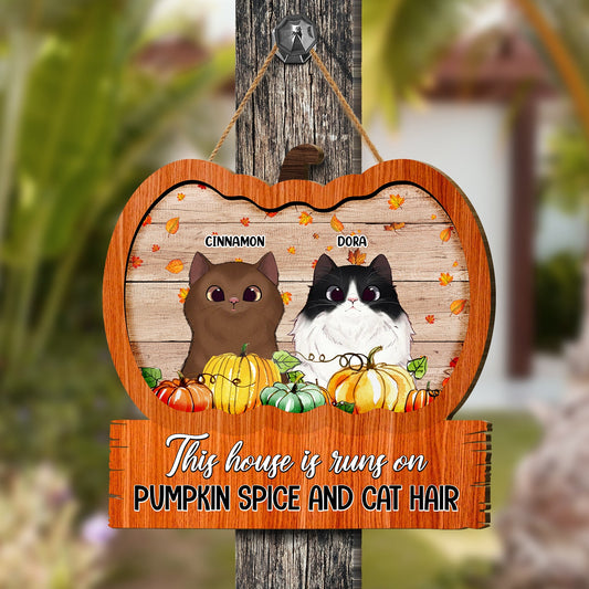 This House Is Runs On Pumpkin Spice And Cat Hair Custom Cat Breeds Family Gift - Personalized Shaped Door Sign