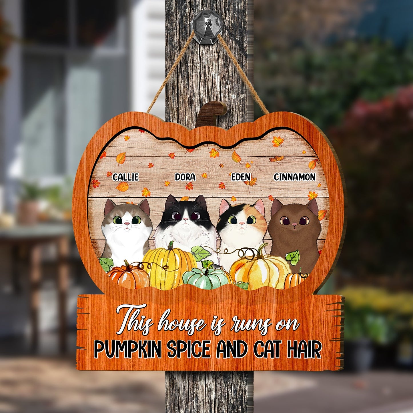 This House Is Runs On Pumpkin Spice And Cat Hair Custom Cat Breeds Family Gift - Personalized Shaped Door Sign