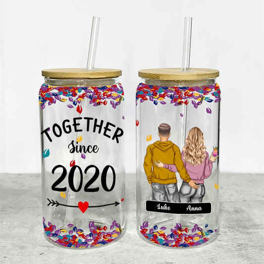 Together Since Anniversary Gift For Couple Glass Bottle/Frosted Bottle With Lid & Straw - Personalized Glass Bottle