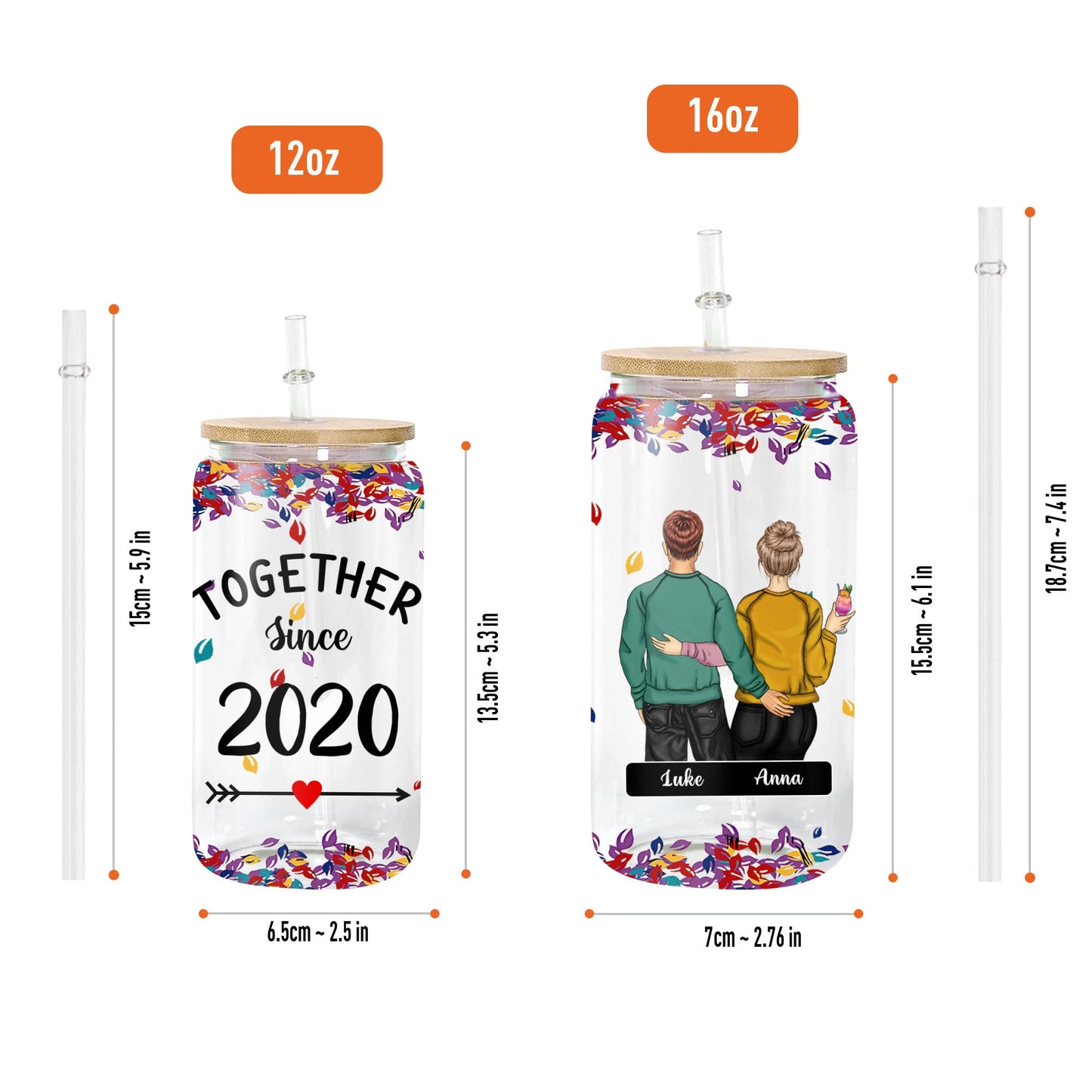 Together Since Anniversary Gift For Couple Glass Bottle/Frosted Bottle With Lid & Straw - Personalized Glass Bottle