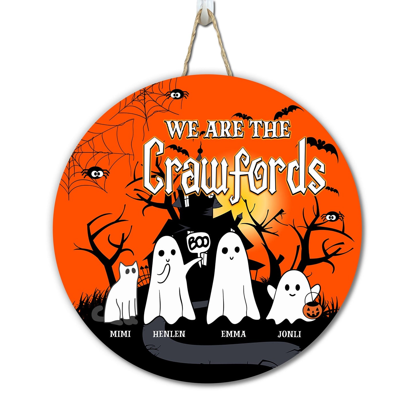 We Are The Boo Crew Family Spooky Season – Geschenk für die Halloween-Saison, Katzen- und Hundeliebhaber – personalisiertes Holzschild