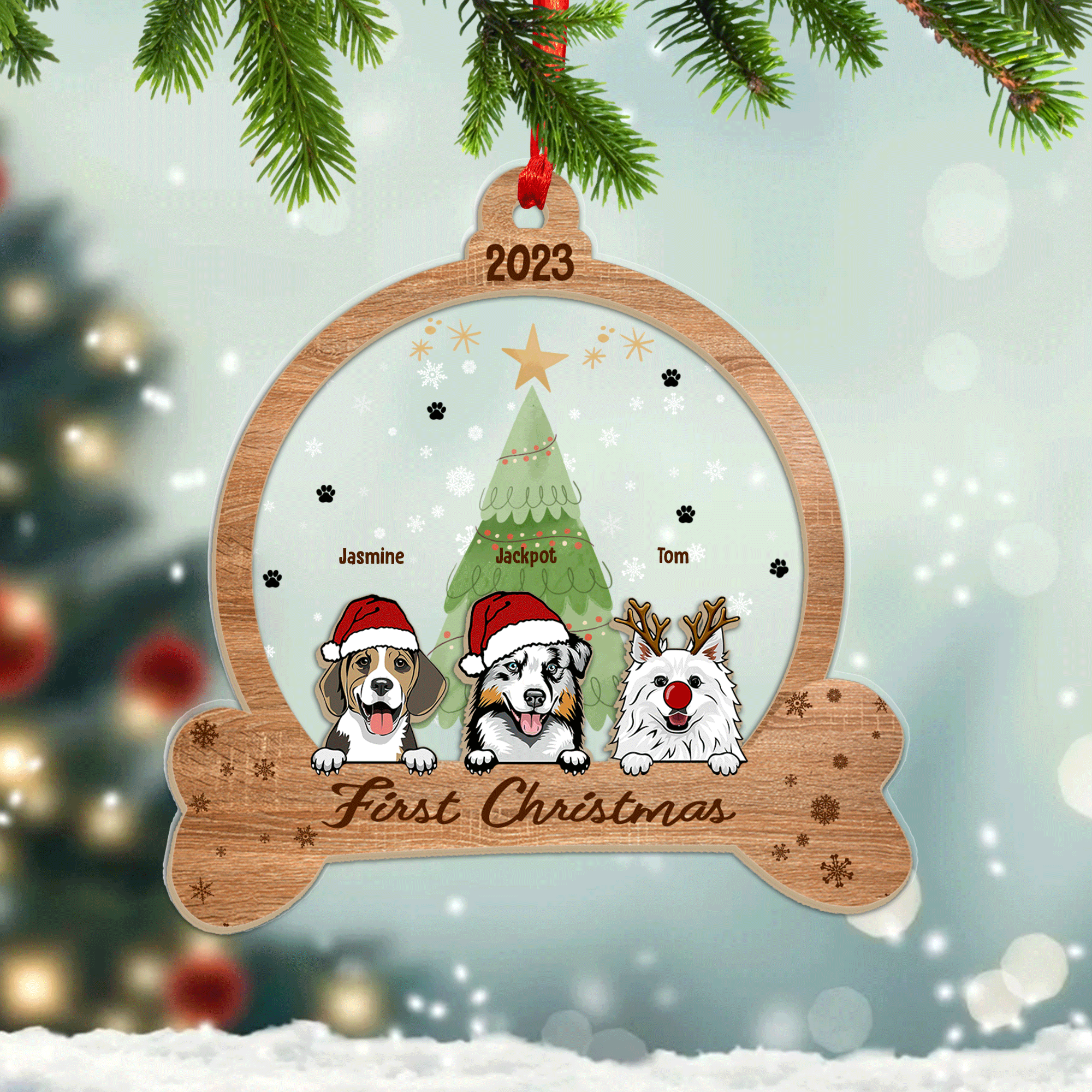 Your Lovely Dogs First Christmas Holiday Christmas Ornament - Custom Shape Wood and Acrylic Ornament