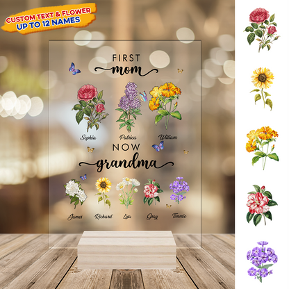 Einzigartiges Muttertagsgeschenkschild, personalisierter Namensständer für Enkel und Kinder, Geschenk für Sie, Oma-Geschenk, Acryl-Display „Erste Mama, jetzt Oma“