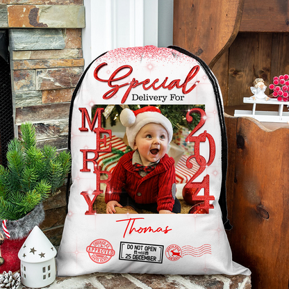 Personalized Glitter Santa Christmas Sack - Special Delivery Gift Bag - Custom Name Photo Christmas Eve Box