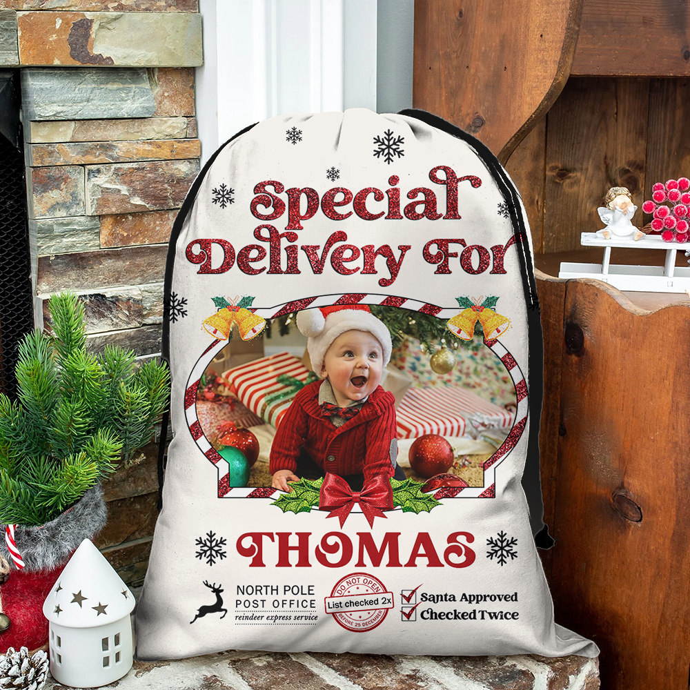 Glitter Special Delivery Christmas Sack - Custom Photo Name Presents Bag - Christmas Gift