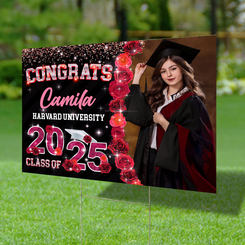 Rose Background Class Of 2025 Graduate, Graduation Gift - Personalized Graduation Lawn Sign With Stake