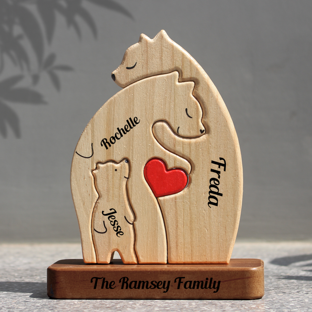 Personalized Wooden Bears Colors Family With Family Name Couple Wooden - Puzzle Wooden Bears Family - Wooden Pet Carvings