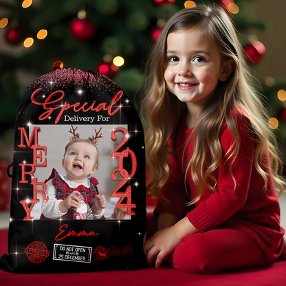 Personalized Glitter Santa Christmas Sack - Special Delivery Gift Bag - Custom Name Photo Christmas Eve Box