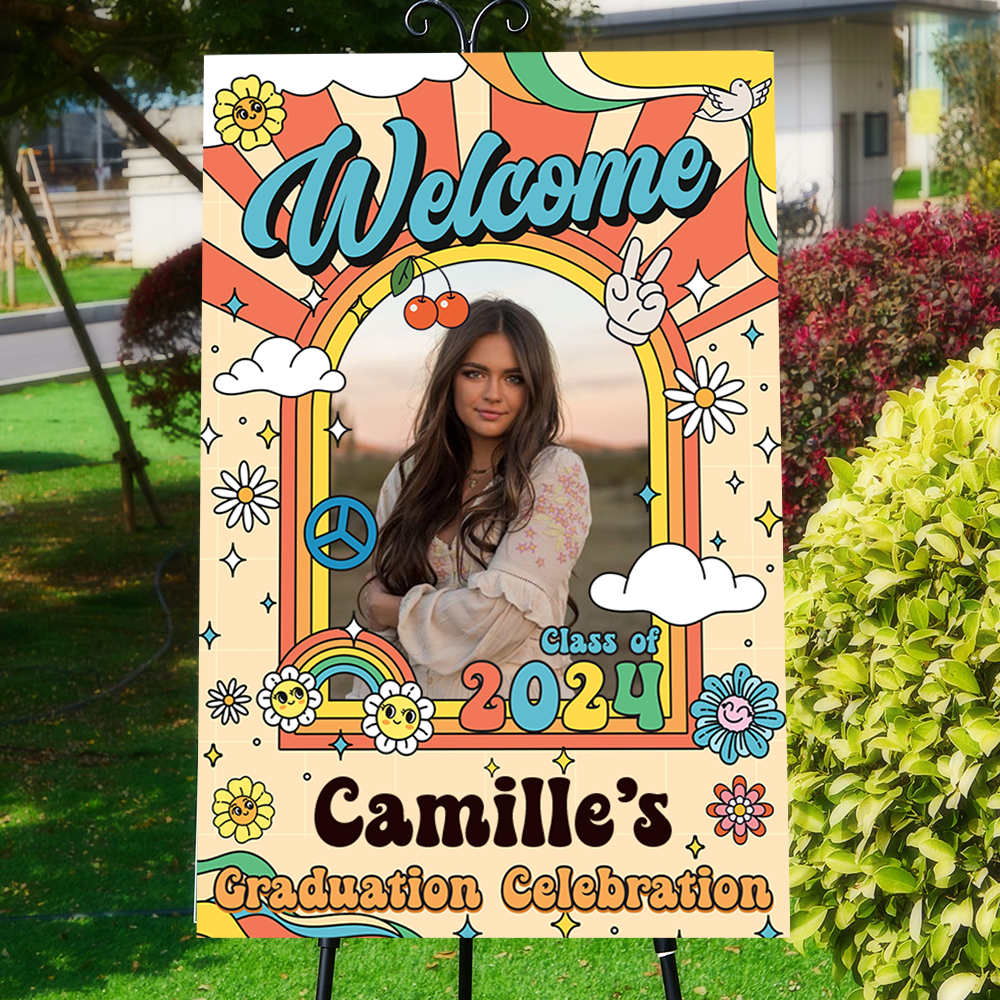 Retro Class Of 2024 - Graduation Party Welcome Sign - Custom Photo Grad Party Sign - Personalized Graduation Decoration