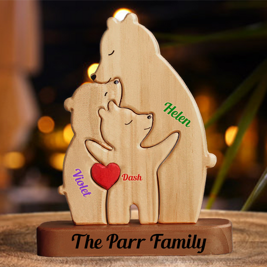 Colorful Name Personalized Single Parent Family With Stand - Puzzle Wooden Bear Family - Wooden Pet Carvings