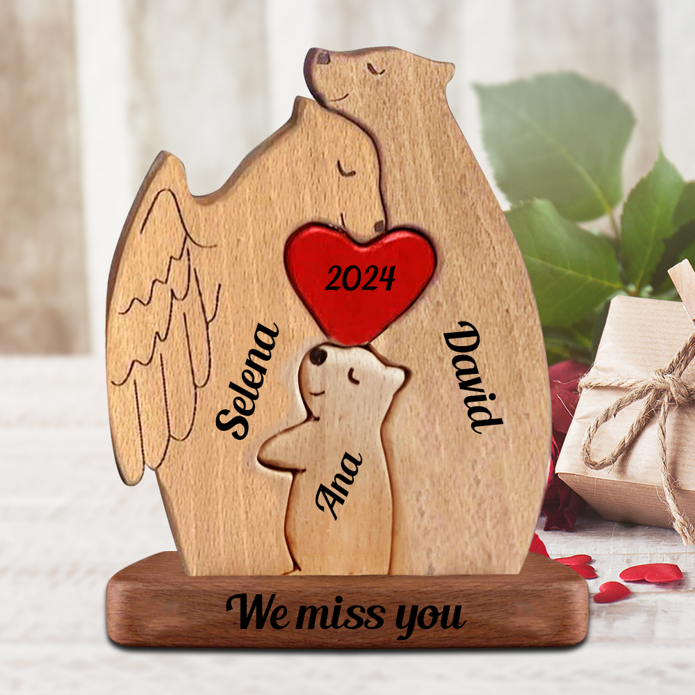 Memorial Wooden Bears With Wings - Puzzle Wooden Bears Family - Wooden Pet Carvings