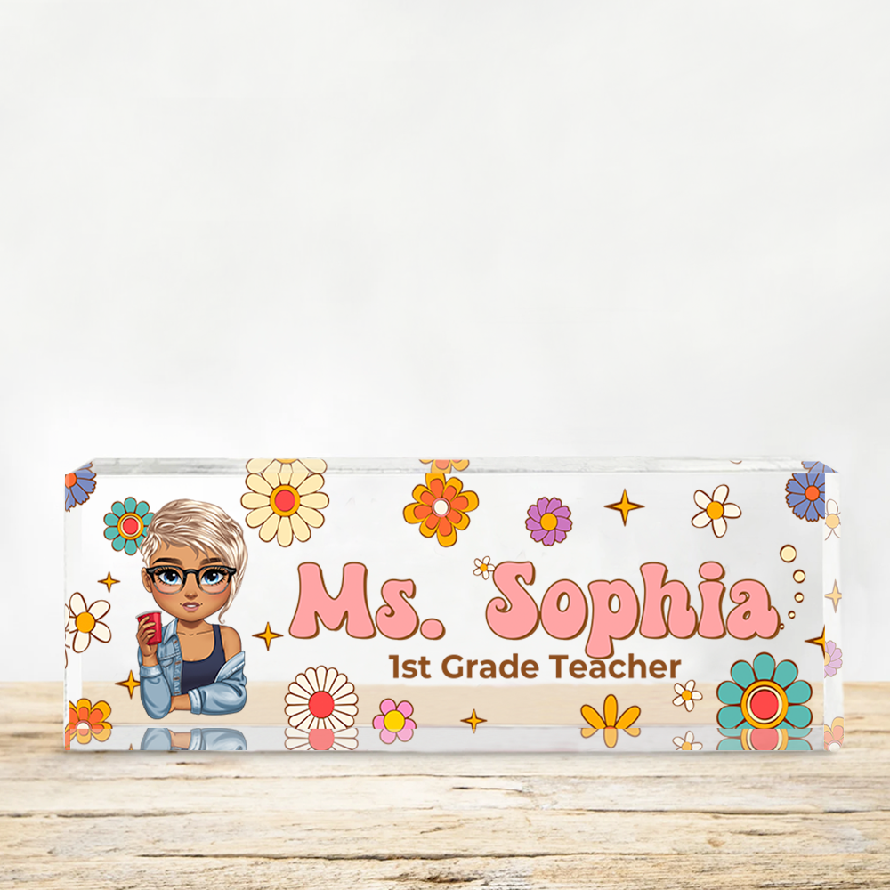 Benutzerdefinierter Hippie Flowers Magic Teacher Name - Personalisiertes Namensschild für den Schreibtisch - Namensschild aus Acryl für den Schreibtisch - Geschenk für Lehrer