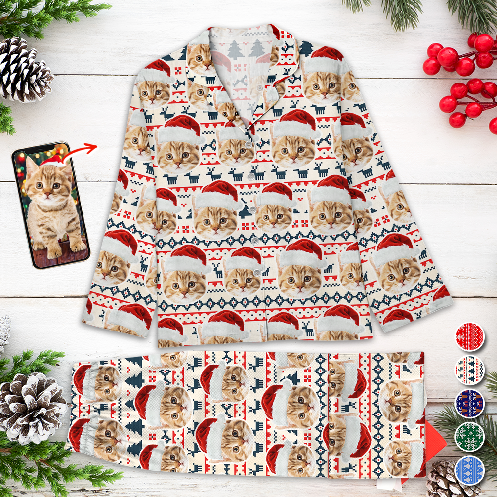 Custom Photo Christmas Cat Pajamas - Human - Dog & Cat Personalized Custom Face Photo Pajama Set