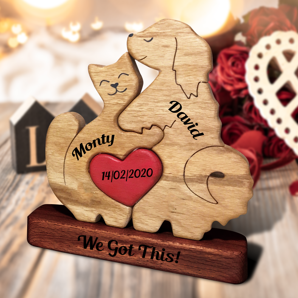 Couple Dog and Cat Together Personalized Wooden Couple - Puzzle Wooden Bears Family - Wooden Pet Carvings