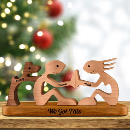 Personalized Custom Wooden Pet Dog Cat Family Statue Carvings With Base - Wooden Puzzle With Custom Name - Carved Wood Decor