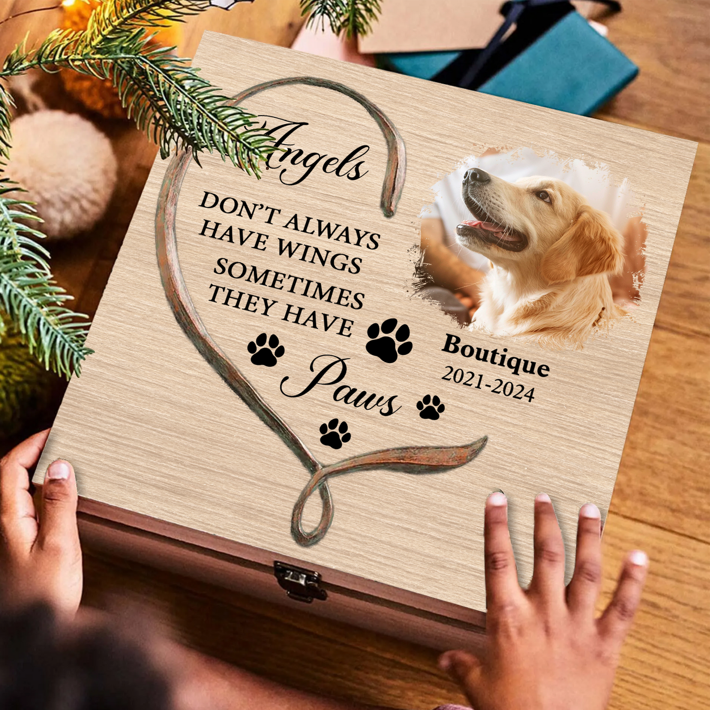 Paw And Angel Wings Personalized Pet Memorial - Custom Engraved Memorial Wooden Treasure Keepsake Box