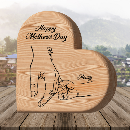 Holding Hand Happy Mother's Day - Heart Wooden Family - Wooden Carvings