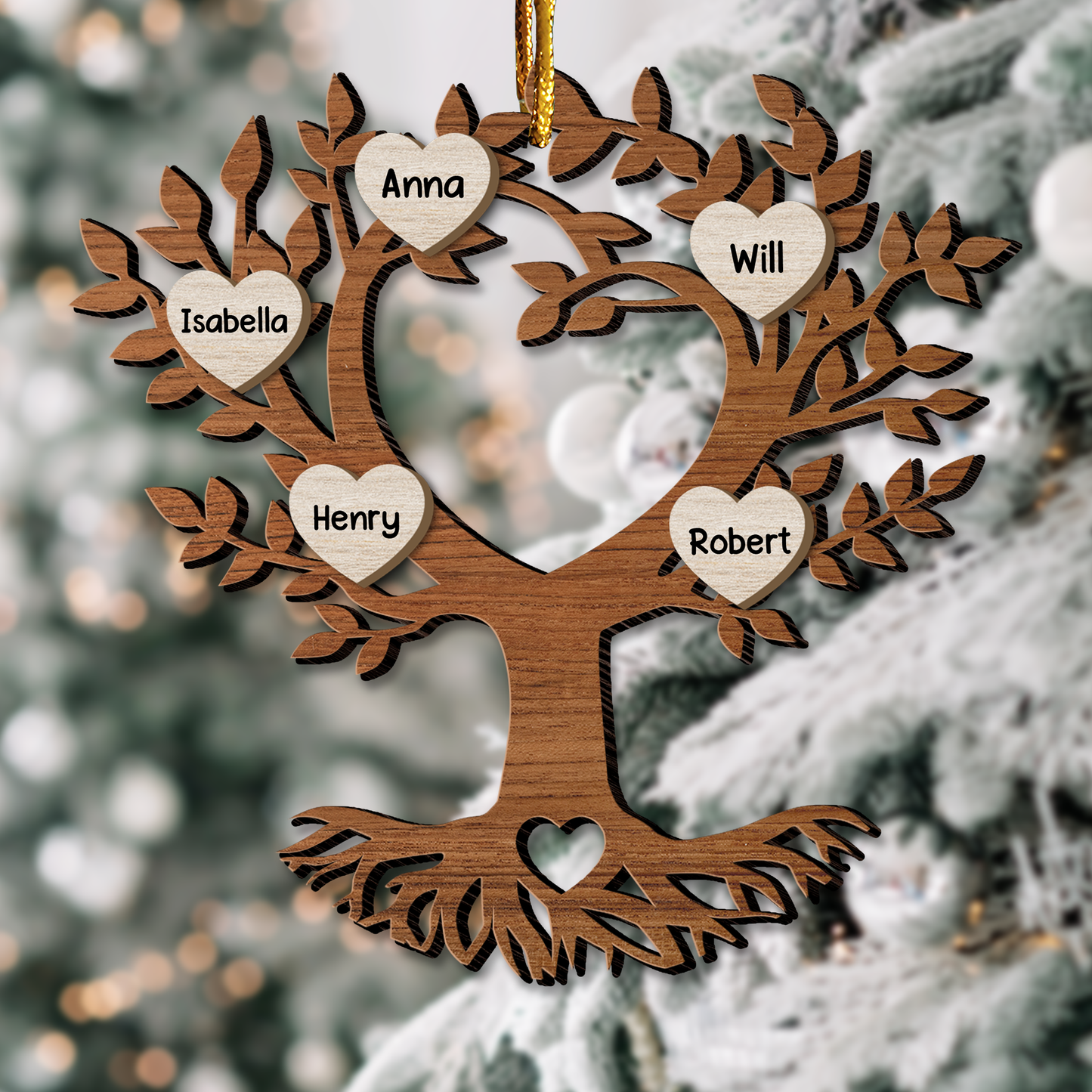 Weihnachtsschmuck mit Lebensbaum und Familienname - Holzschmuck in individueller Form - Holzschmuck 2-lagig