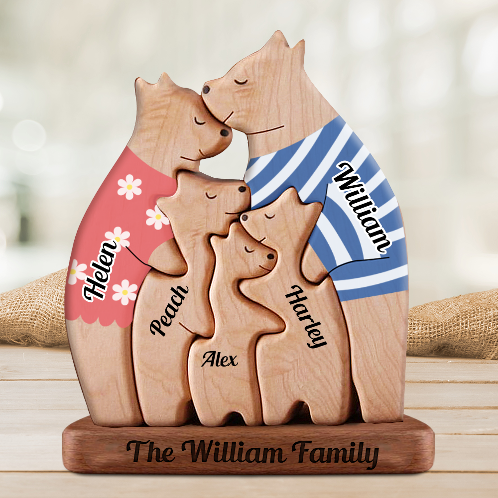 Personalized Wooden Bears Family Puzzle Funny Styles with Clothes - Wooden Pet Carvings