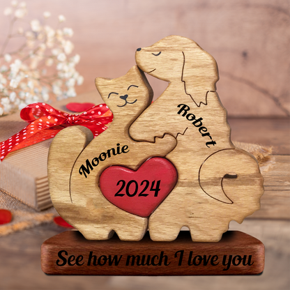 Couple Dog and Cat Together Personalized Wooden Couple - Puzzle Wooden Bears Family - Wooden Pet Carvings