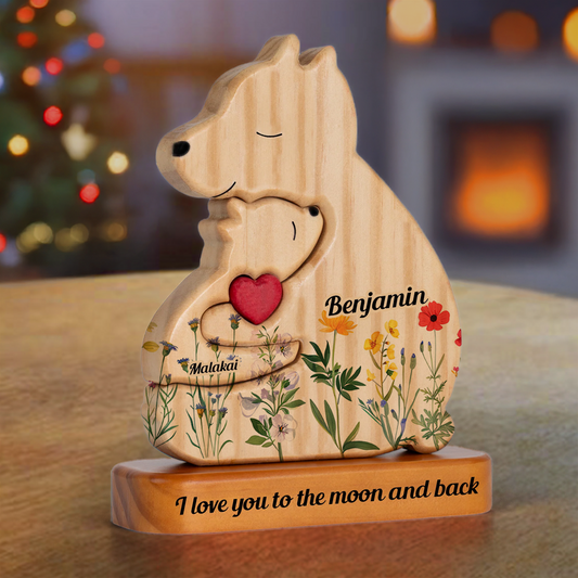 Flower Single Parent Family With Stand - Puzzle Wooden Bear - Christmas Wooden Pet Carvings