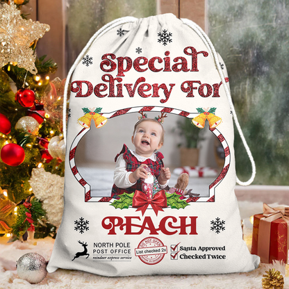 Glitter Special Delivery Christmas Sack - Custom Photo Name Presents Bag - Christmas Gift