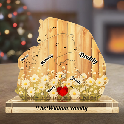 Personalized Acrylic Family Bear Puzzle - Cozy Bear Hug with Wood Grain Floral Accent - Christmas Family Keepsake Gift