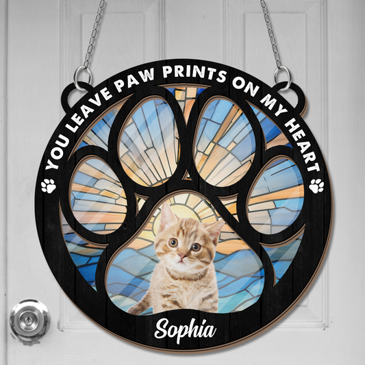 You Leave Paw Prints On My Heart - Memorial Suncatcher - Personalized Window Hanging Suncatcher Ornament