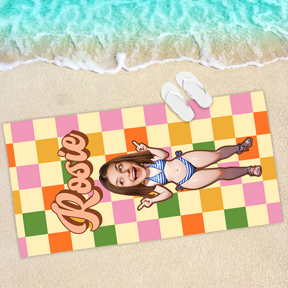 Personalized Photo Retro Style Checkered Beach Towel - Custom Vintage Beach Towel With Name - Groovy Birthday Vacation Gift - Beach Summer Towel