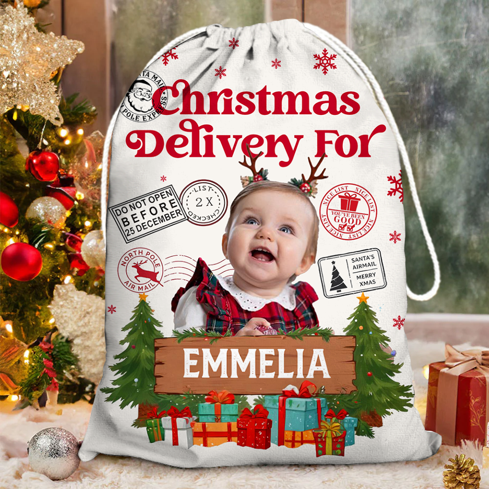 Personalized Santa Christmas Sack - Special Delivery Gift Bag - Custom Name Photo Christmas Bag