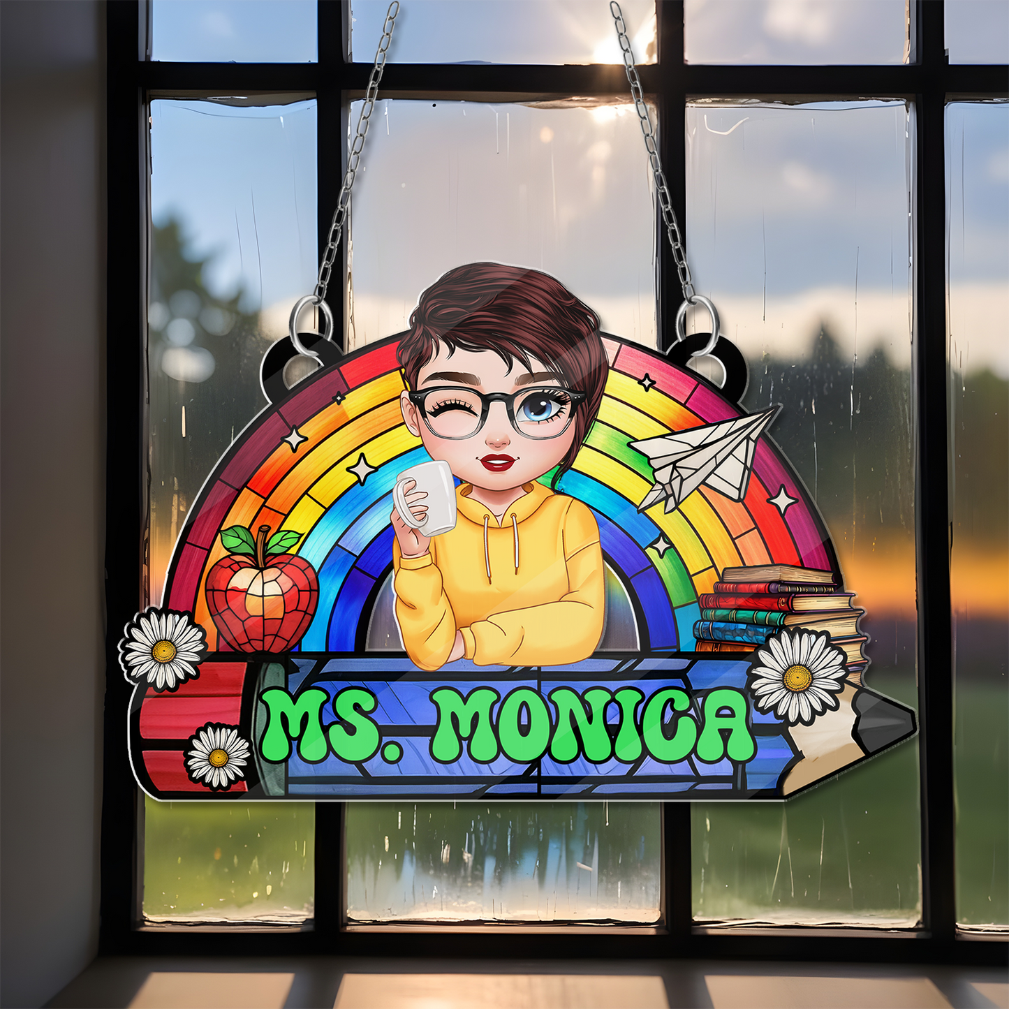 Lehrer Regenbogen Retro Sonnenfänger Ornament - Hängende Tür Acryl - Personalisierte individuelle Form Fenster hängend Acryl