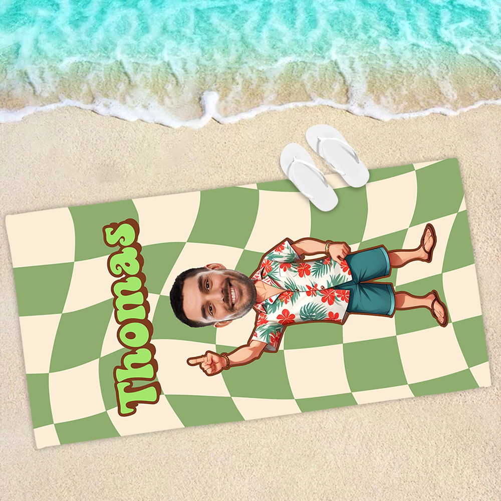 Personalized Photo Retro Style Checkered Beach Towel - Custom Vintage Beach Towel With Name - Groovy Birthday Vacation Gift - Beach Summer Towel