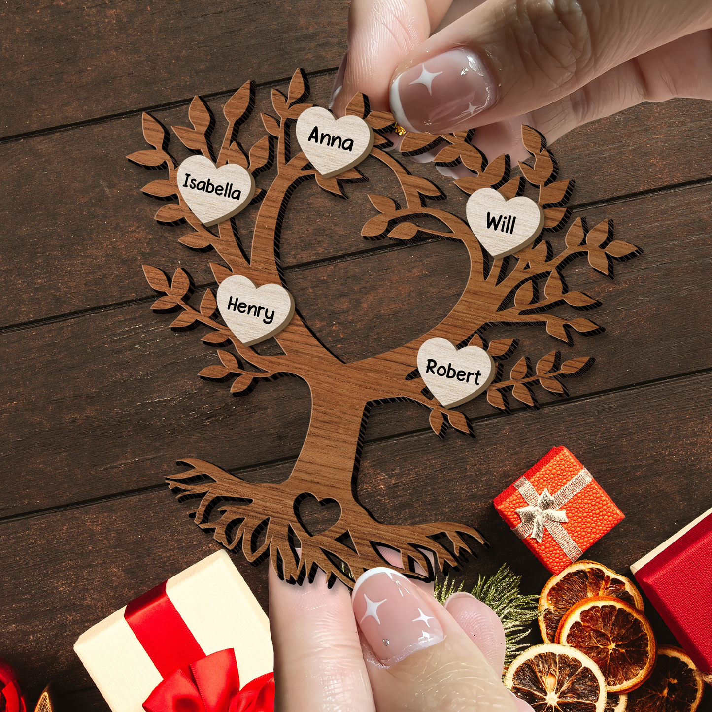 Weihnachtsschmuck mit Lebensbaum und Familienname - Holzschmuck in individueller Form - Holzschmuck 2-lagig