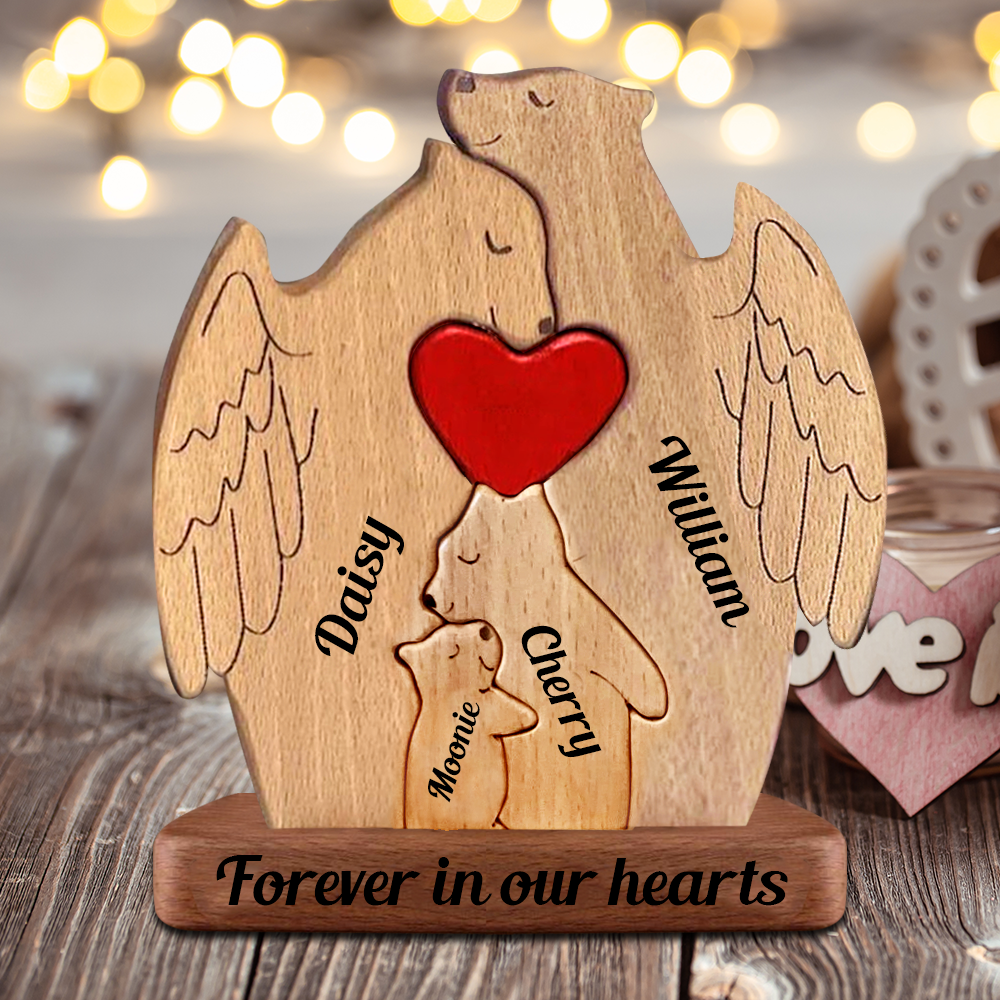 Memorial Wooden Bears With Wings - Puzzle Wooden Bears Family - Wooden Pet Carvings