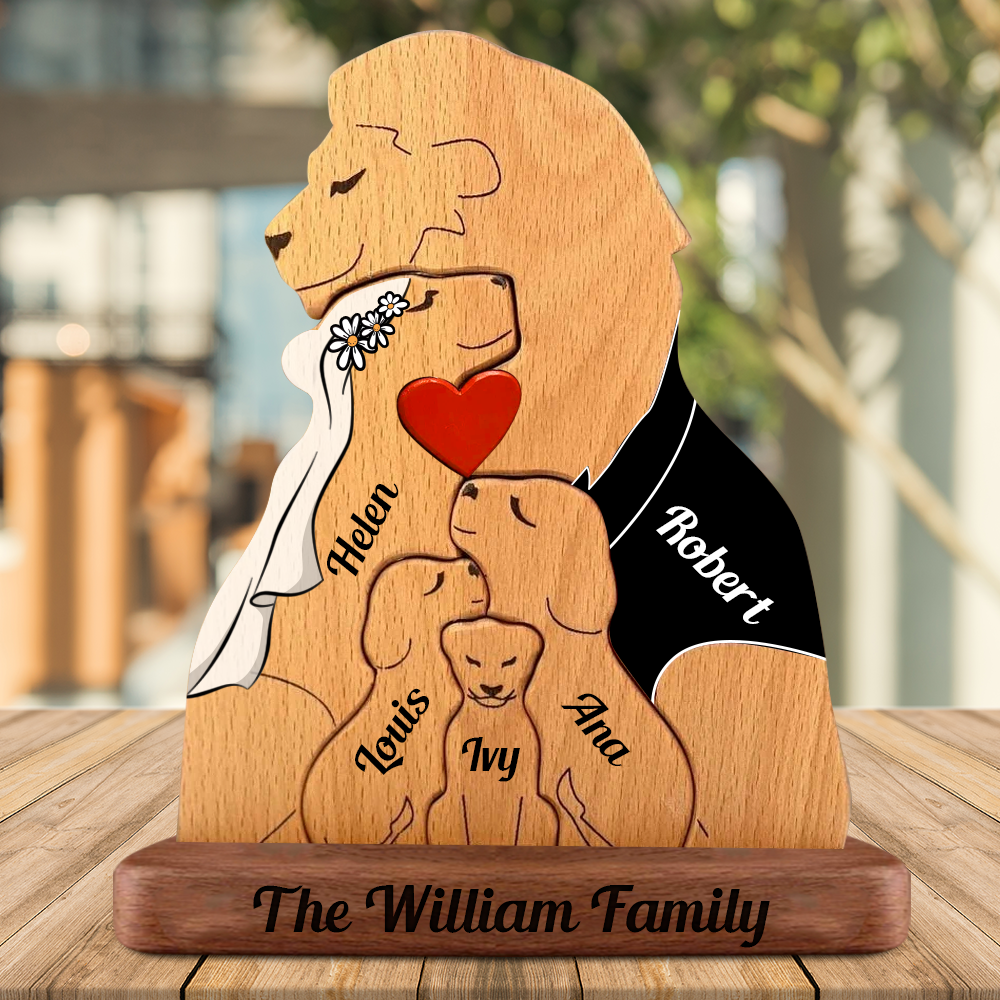 Personalisierte Löwenfamilie aus Holz im individuellen Stil - Puzzle Familie aus Holz - Holzschnitzereien für Haustiere