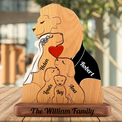 Personalisierte Löwenfamilie aus Holz im individuellen Stil - Puzzle Familie aus Holz - Holzschnitzereien für Haustiere