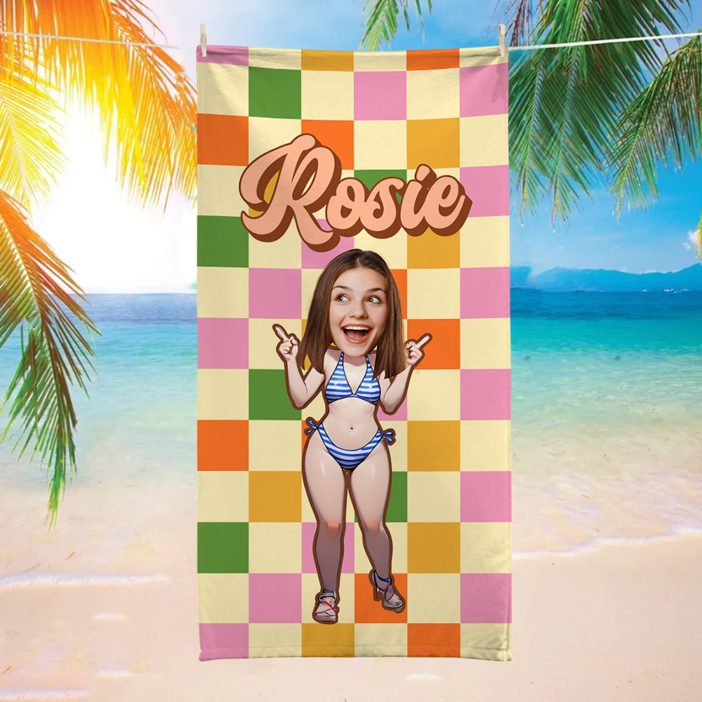 Personalized Photo Retro Style Checkered Beach Towel - Custom Vintage Beach Towel With Name - Groovy Birthday Vacation Gift - Beach Summer Towel