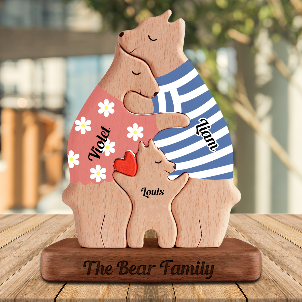 Personalized Wooden Bears Family Puzzle Funny Styles with Clothes - Wooden Pet Carvings