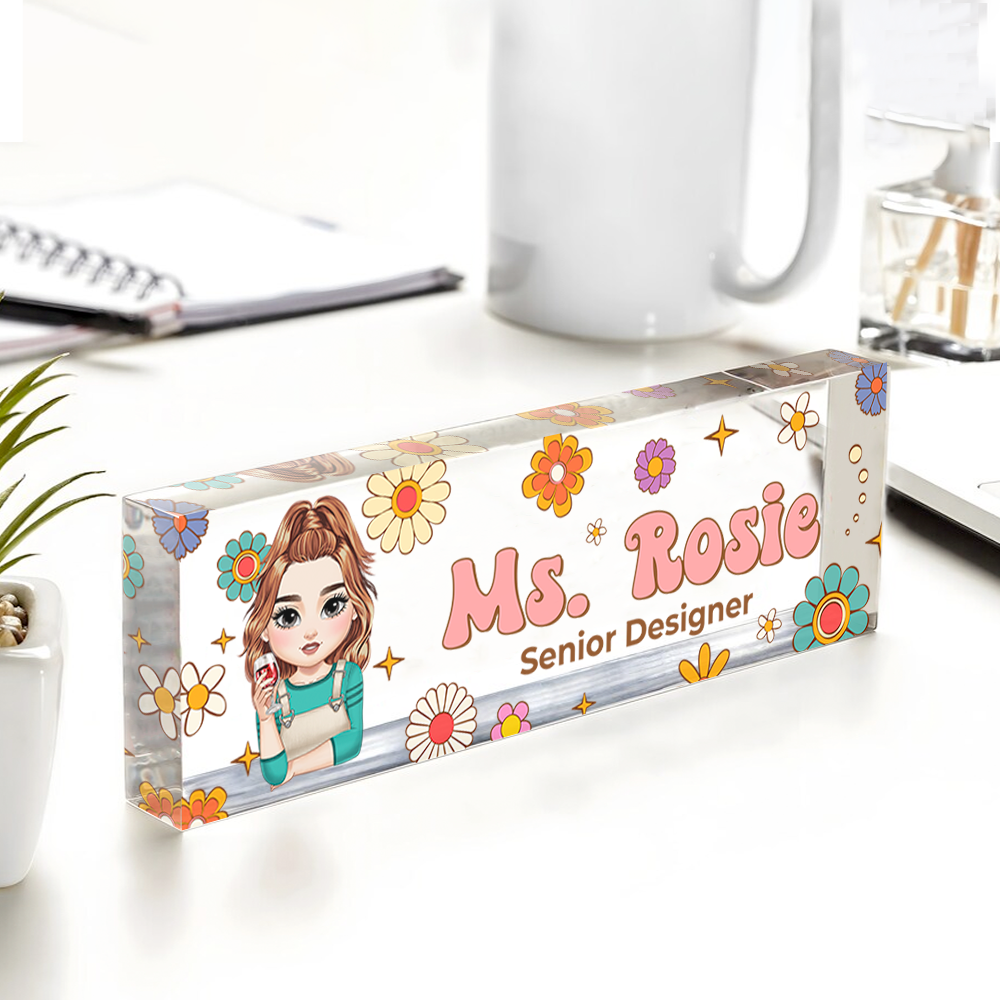 Benutzerdefinierter Hippie Flowers Magic Teacher Name - Personalisiertes Namensschild für den Schreibtisch - Namensschild aus Acryl für den Schreibtisch - Geschenk für Lehrer