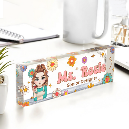 Benutzerdefinierter Hippie Flowers Magic Teacher Name - Personalisiertes Namensschild für den Schreibtisch - Namensschild aus Acryl für den Schreibtisch - Geschenk für Lehrer