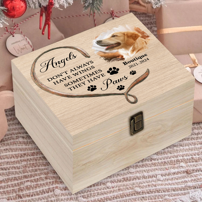 Paw And Angel Wings Personalized Pet Memorial - Custom Engraved Memorial Wooden Treasure Keepsake Box