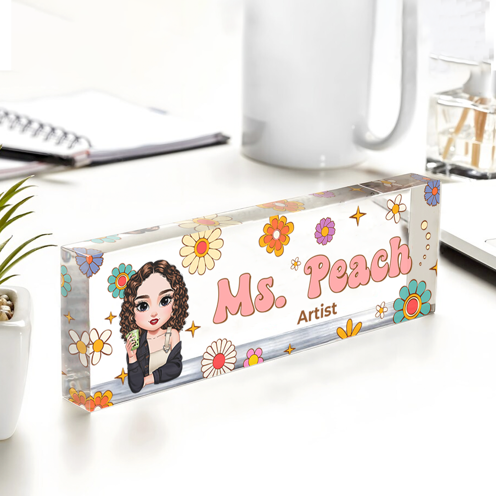 Benutzerdefinierter Hippie Flowers Magic Teacher Name - Personalisiertes Namensschild für den Schreibtisch - Namensschild aus Acryl für den Schreibtisch - Geschenk für Lehrer