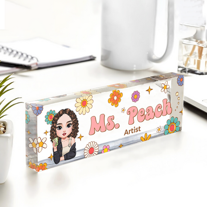 Benutzerdefinierter Hippie Flowers Magic Teacher Name - Personalisiertes Namensschild für den Schreibtisch - Namensschild aus Acryl für den Schreibtisch - Geschenk für Lehrer