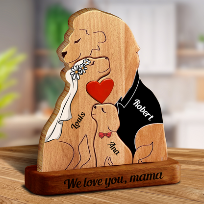 Personalisierte Löwenfamilie aus Holz im individuellen Stil - Puzzle Familie aus Holz - Holzschnitzereien für Haustiere