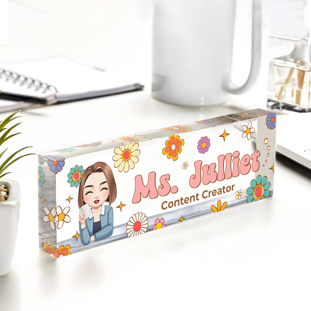 Benutzerdefinierter Hippie Flowers Magic Teacher Name - Personalisiertes Namensschild für den Schreibtisch - Namensschild aus Acryl für den Schreibtisch - Geschenk für Lehrer