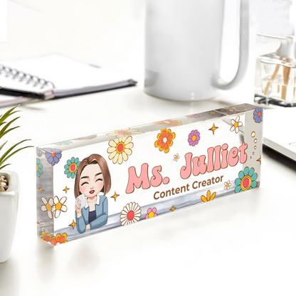 Benutzerdefinierter Hippie Flowers Magic Teacher Name - Personalisiertes Namensschild für den Schreibtisch - Namensschild aus Acryl für den Schreibtisch - Geschenk für Lehrer