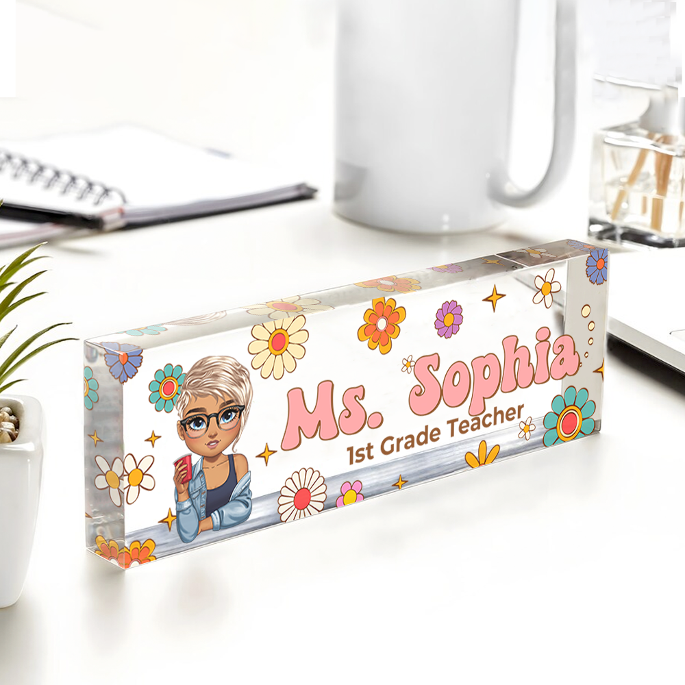 Benutzerdefinierter Hippie Flowers Magic Teacher Name - Personalisiertes Namensschild für den Schreibtisch - Namensschild aus Acryl für den Schreibtisch - Geschenk für Lehrer